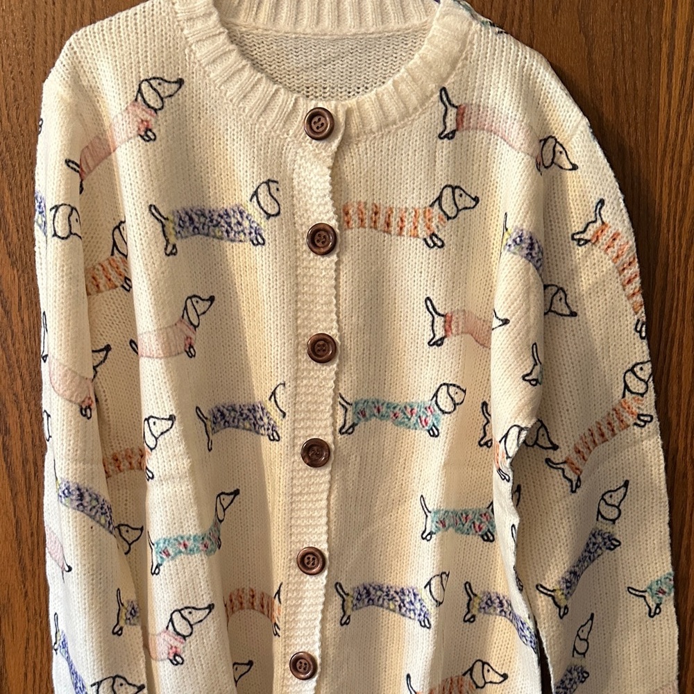 D&G Cream Cardigan with Colorful Dachshund Design
